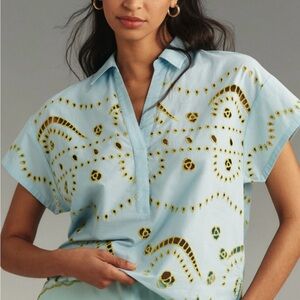 Anthropologie 2x Boxy Eyelet Blue Popover Blouse